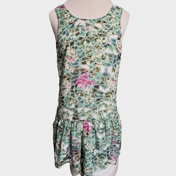 LOVERS +‎ FRIENDS Deep Vee Back Geometric Mini Dress XS Green Multi Silky Sexy - Picture 1 of 15